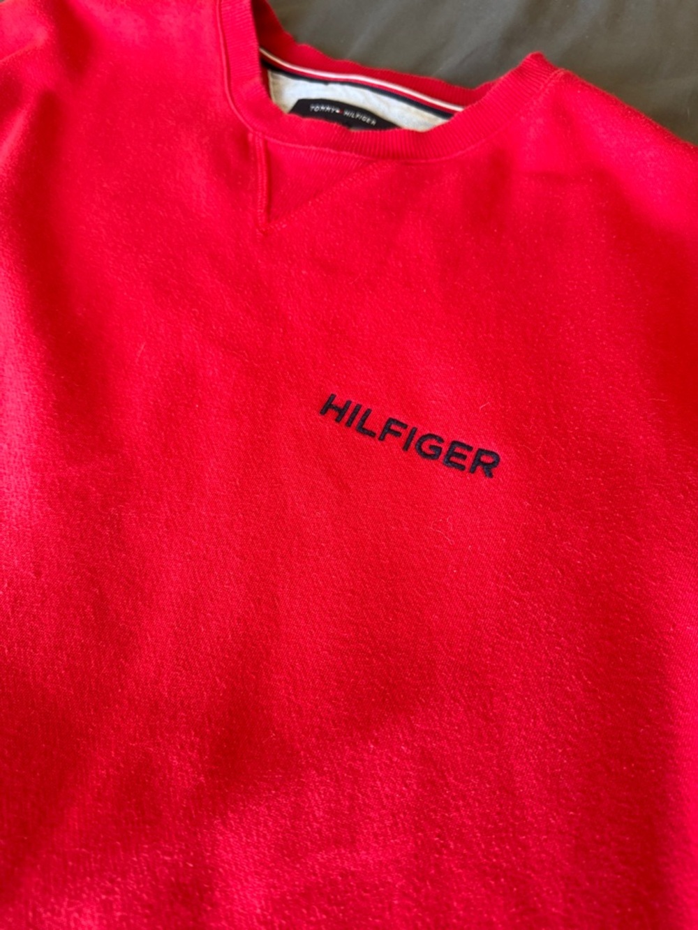 Tommy Hilfiger Red Crewneck with Navy 'HILFIGER' Embroidery